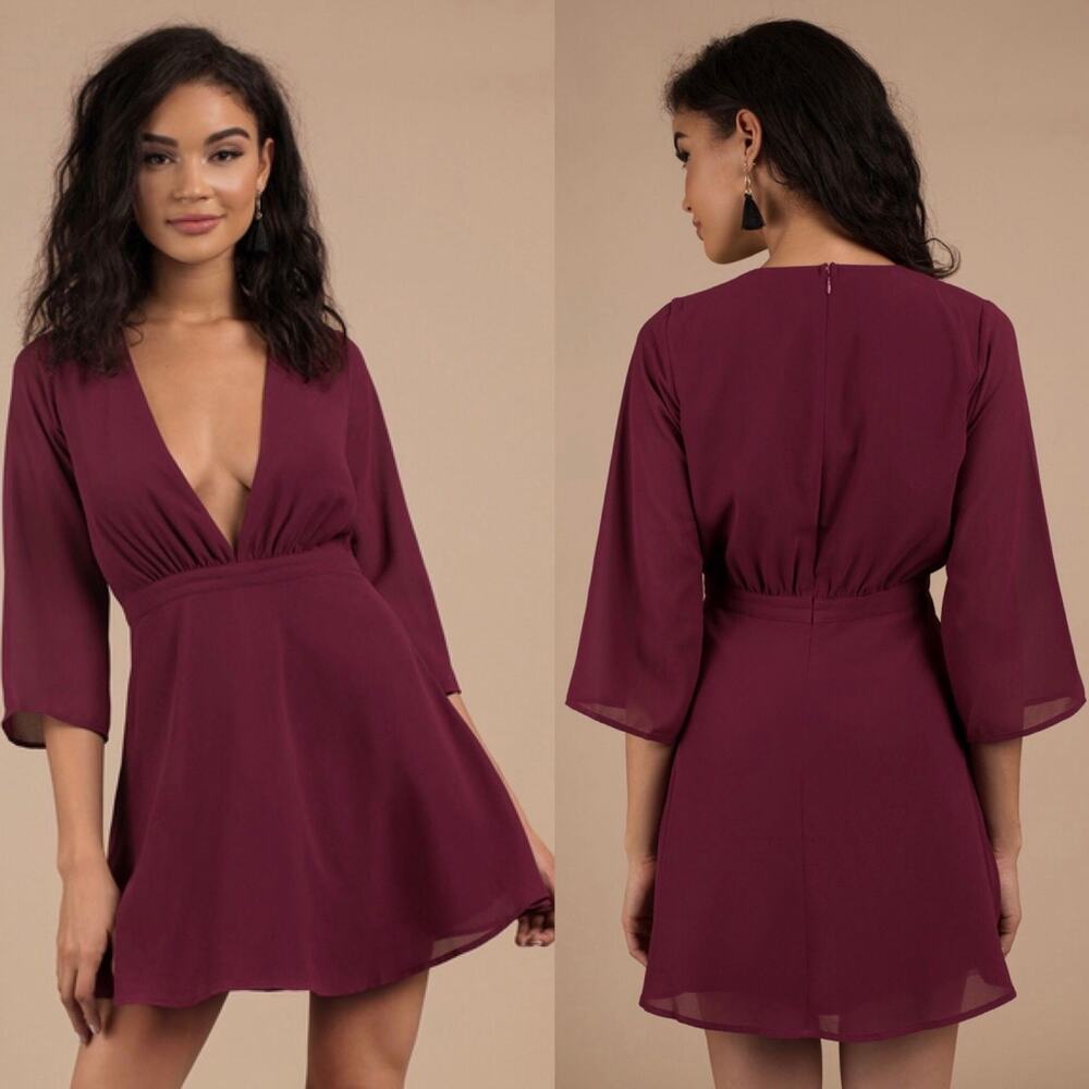 TOBI Plunge V Neckline Long Flutter Sleeve Mini Dress Burgundy Size Medium New